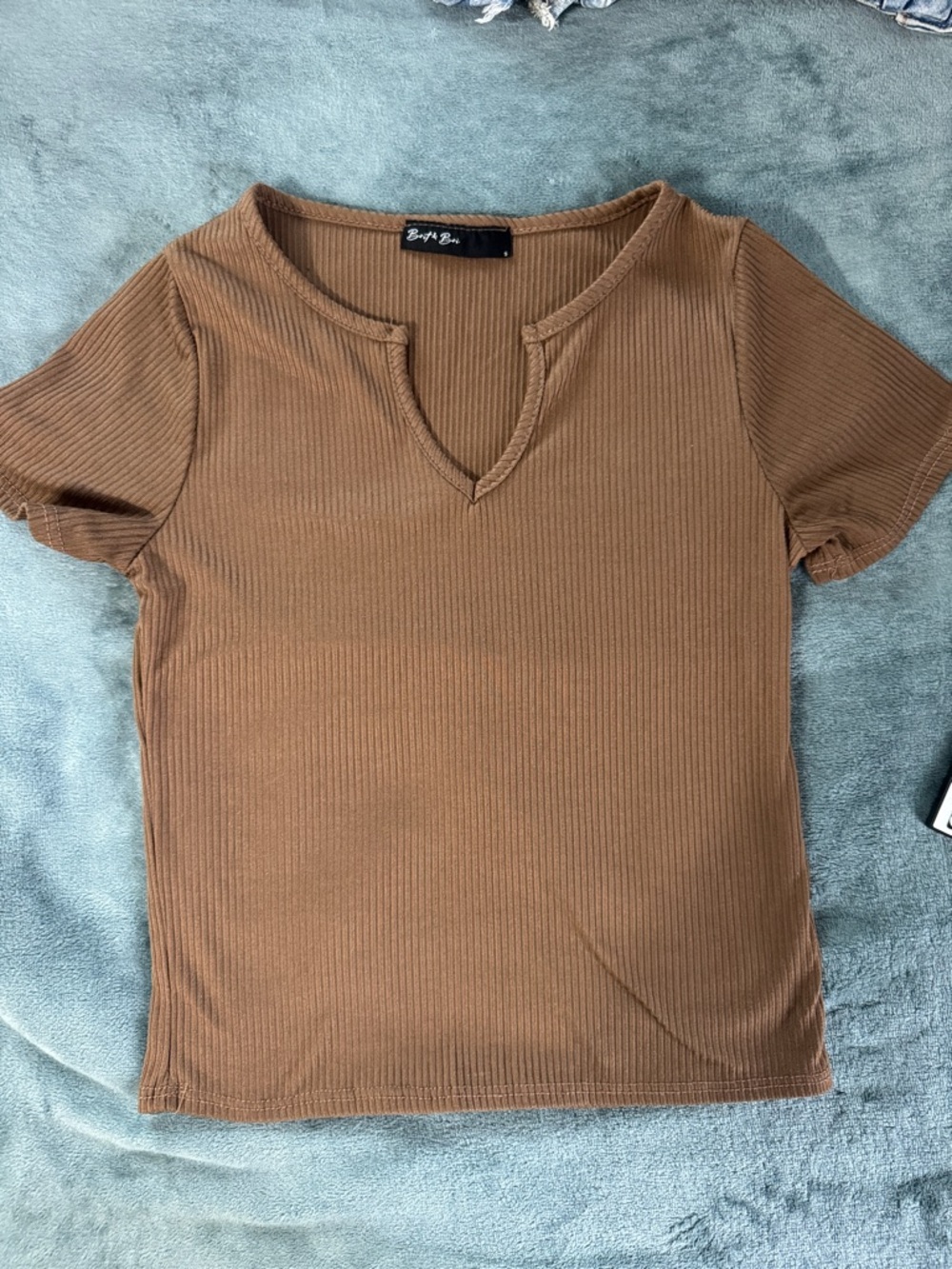 Othr Brown Ribbed Notch-Neck Short Sleeve Top